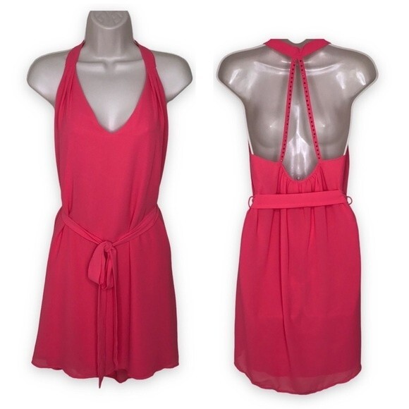 NWOT Naked Zebra Studded T Back Blingy Strappy Hi Low Deep V Coral Dress Medium - Picture 1 of 13